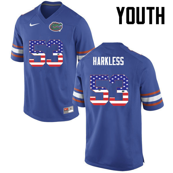 Youth Florida Gators #53 Kavaris Harkless College Football USA Flag Fashion Jerseys-Blue